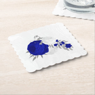 Posavasos De Papel azul real y flores blancas plateado