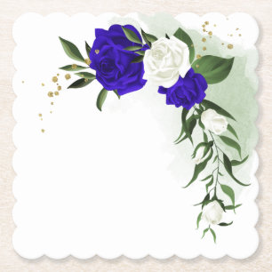 Posavasos De Papel azul real y flores blancas vegetación