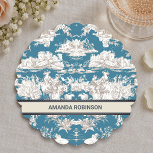 Posavasos De Papel Azul turquesa vintage monograma toile de jouy