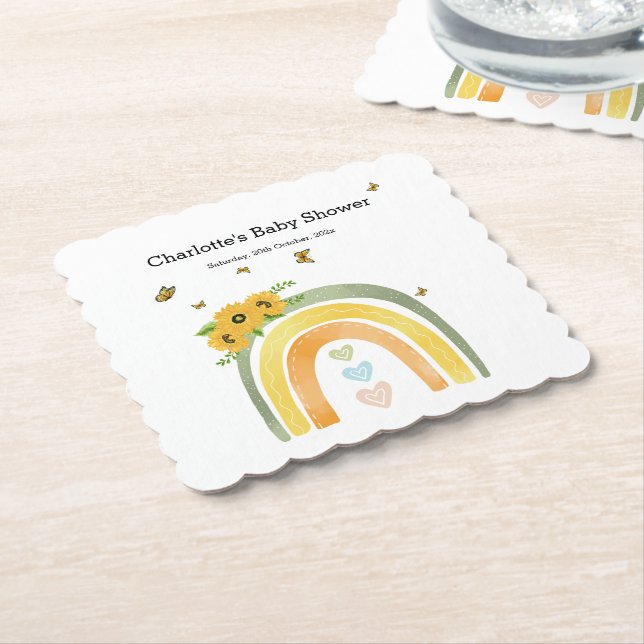 Posavasos De Papel Baby Shower Arcoíris Boho con Girasoles (En perspectiva)