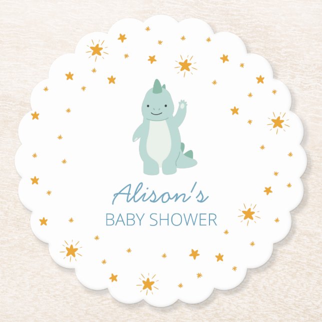 Posavasos De Papel Baby Shower azul de dinosaurio Twinkle Estrella Bo (Anverso)