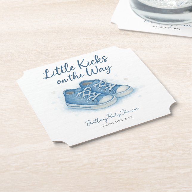 Posavasos De Papel Baby Shower Blue Baby Sneakers (En perspectiva)