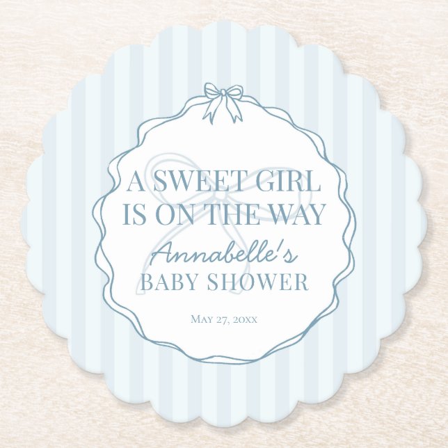 Posavasos De Papel Baby Shower Blue Coquette Bow Pastel (Anverso)