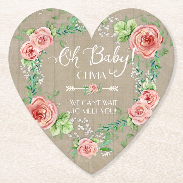 Posavasos De Papel Baby Shower Boho Oh Niña Rosas Rosadas Madera Rúst (Anverso)
