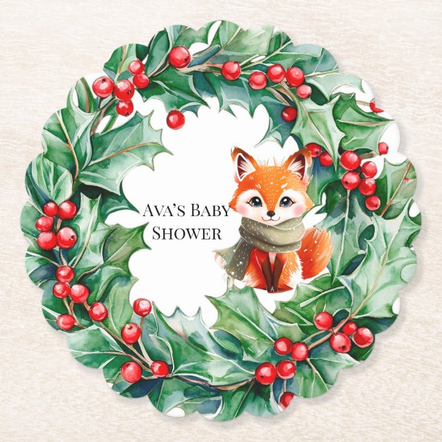 Posavasos De Papel Baby Shower de invierno Red Fox Green y Berries (Anverso)
