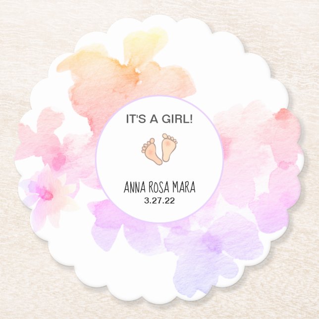 Posavasos De Papel *~* Baby Shower Peach Peach Pink Floral Soft acuar (Anverso)