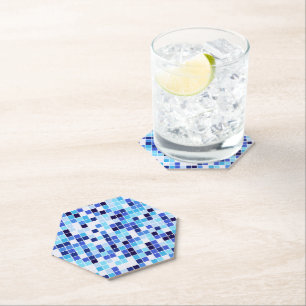 Posavasos De Papel Baldosas de piscina, mosaicos azules, patrón geomé
