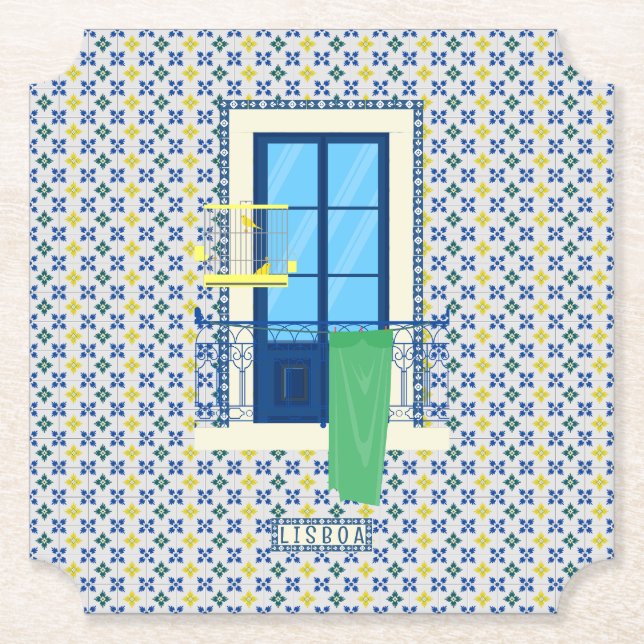 Posavasos De Papel Baldosas portuguesas y balcón con ventana (Anverso)