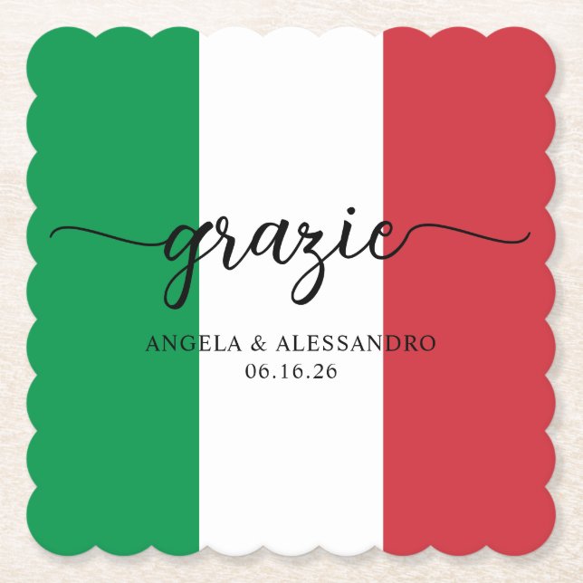 Posavasos De Papel Bandera italiana Elegante caligrafía Grazie (Anverso)