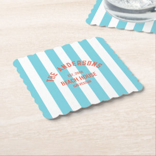 Posavasos De Papel Beach House Custom Name Blue Cabana Stripe