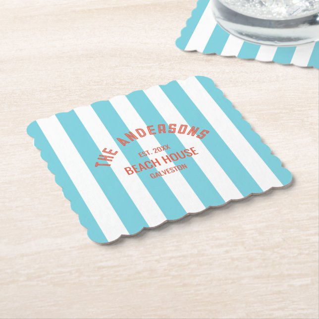 Posavasos De Papel Beach House Custom Name Blue Cabana Stripe (En perspectiva)