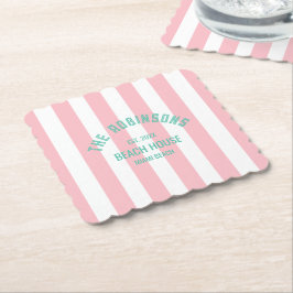 Posavasos De Papel Beach House Custom Name Pink Cabana Stripe