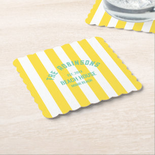 Posavasos De Papel Beach House Custom Name Yellow Cabana Stripe