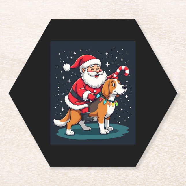 Posavasos De Papel Beagle Xmas iluminando a Santa Riding Perro Beagle (Anverso)