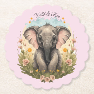 Posavasos De Papel Bebé lindo Elefante Calf Flor silvestre Wanderlust
