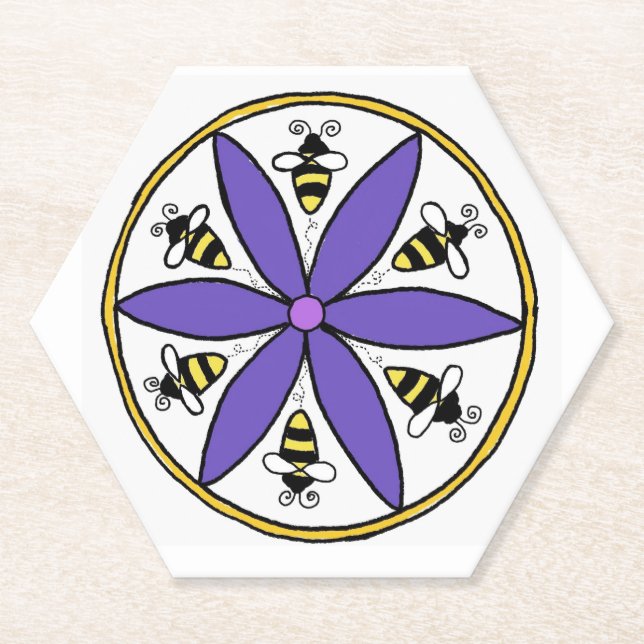 Posavasos De Papel Bee Hex Rótulo Coaster (Anverso)