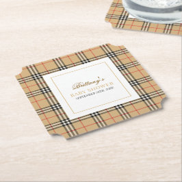 Posavasos De Papel Beige Check Plaid Baby Shower