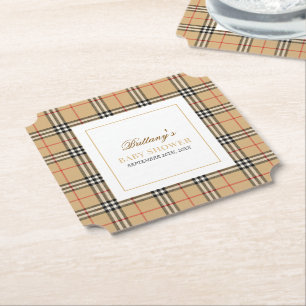 Posavasos De Papel Beige Check Plaid Baby Shower