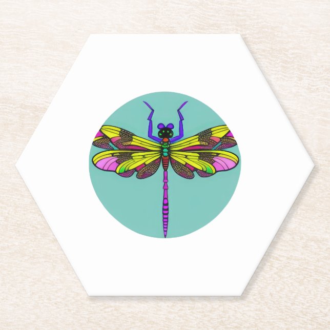 Posavasos De Papel Bella libélula, colorida y ornamental (Anverso)