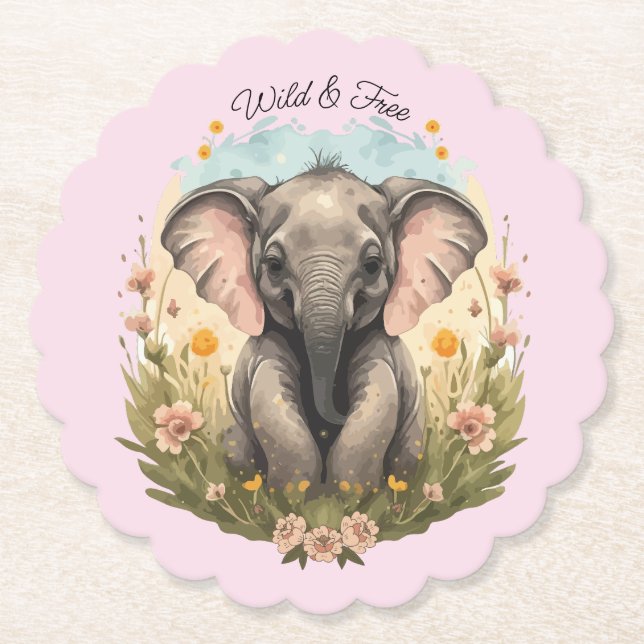 Posavasos De Papel Bello bebé elefante Cría Flor silvestre Vagabundeo (Anverso)