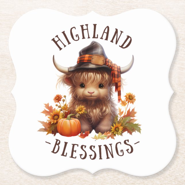 Posavasos De Papel Bendiciones de Acción de Gracias de Cute Highland (Anverso)