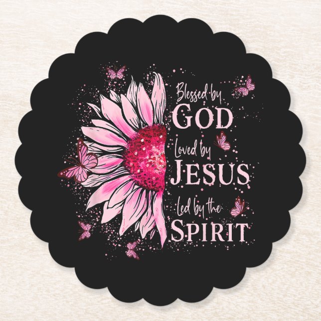 Posavasos De Papel Bendito Por Dios - Amado Por Jesús Girasol Rosa (Anverso)