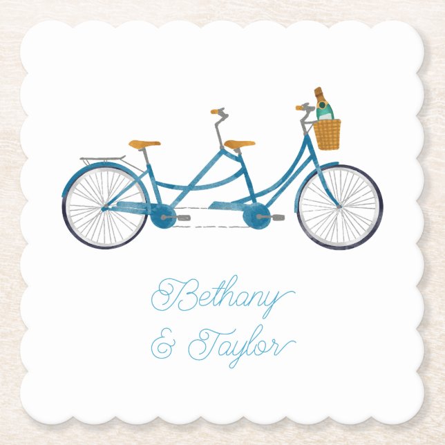 Posavasos De Papel Bicicleta de dos acuarelas Tandem y nombres (Anverso)