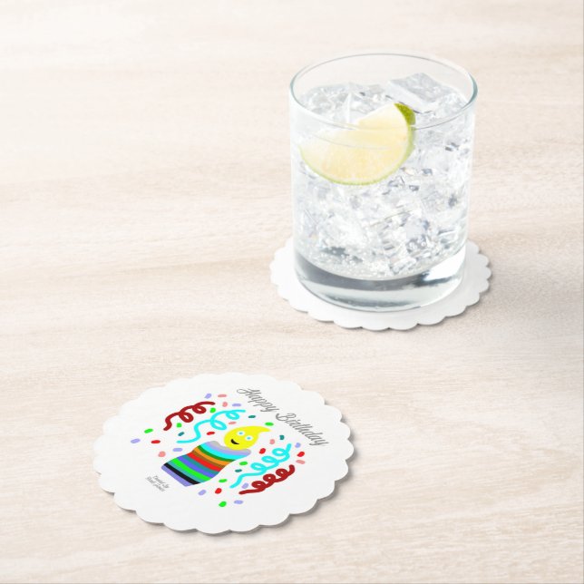 Posavasos De Papel Birthday Candle Greetings Round Scalloped Coaster (In situ)