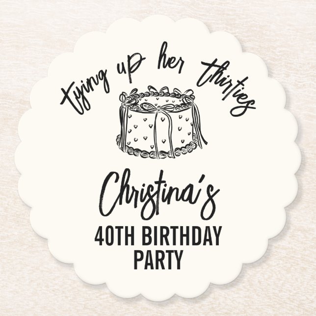 Posavasos De Papel Black Bow Tying Up Her Thirties 40th Birthday (Anverso)