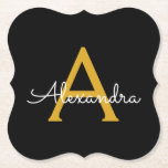 Posavasos De Papel Black Gold Modern Script Girly Monograma Nombre<br><div class="desc">Máster de papel de monograma con escritura simple en negro y oro. Esto hace que la graduación perfecta, el cumpleaños, el boda, la ducha de novia, el aniversario, la ducha de bebé o la fiesta de soltera sea un regalo para alguien que ama el lujo glam y los estilos de...</div>