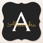 Posavasos De Papel Black Gold Modern Script Girly Monograma Nombre<br><div class="desc">Máster de papel de monograma con escritura simple en negro y oro. Esto hace que la graduación perfecta, el cumpleaños, el boda, la ducha de novia, el aniversario, la ducha de bebé o la fiesta de soltera sea un regalo para alguien que ama el lujo glam y los estilos de...</div>