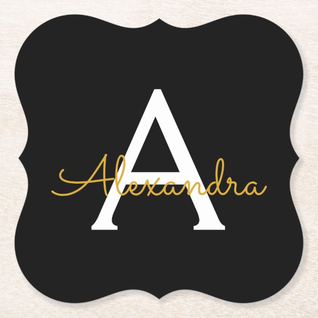 Posavasos De Papel Black Gold Modern Script Girly Monograma Nombre (Anverso)