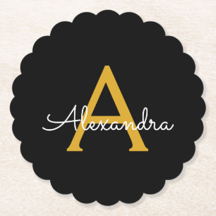 Posavasos De Papel Black Gold Modern Script Girly Monograma Nombre