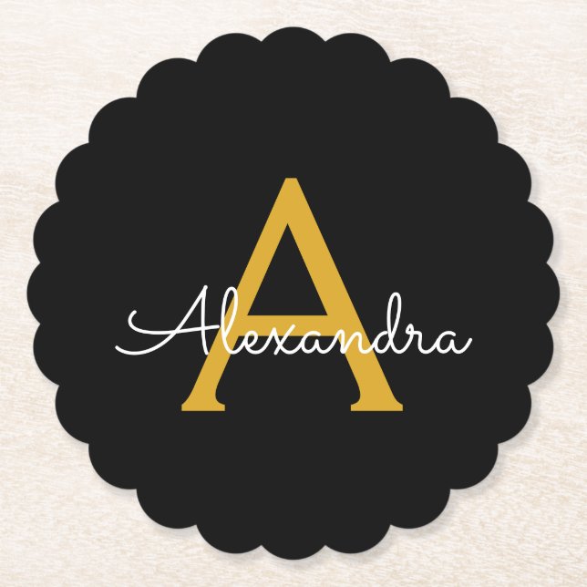 Posavasos De Papel Black Gold Modern Script Girly Monograma Nombre (Anverso)