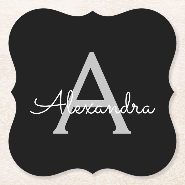 Posavasos De Papel Black Silver Modern Script Girly Monograma Nombre (Anverso)
