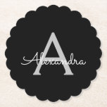 Posavasos De Papel Black Silver Modern Script Girly Monograma Nombre<br><div class="desc">Máster de papel de monograma con escritura simple en negro y plateado. Esto hace que la graduación perfecta, el cumpleaños, el boda, la ducha de novia, el aniversario, la ducha de bebé o la fiesta de soltera sea un regalo para alguien que ama el lujo glam y los estilos de...</div>