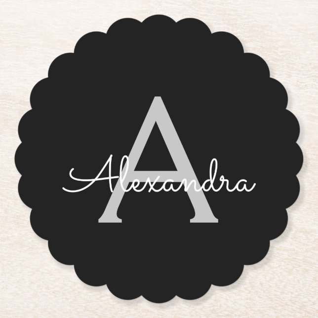 Posavasos De Papel Black Silver Modern Script Girly Monograma Nombre (Anverso)
