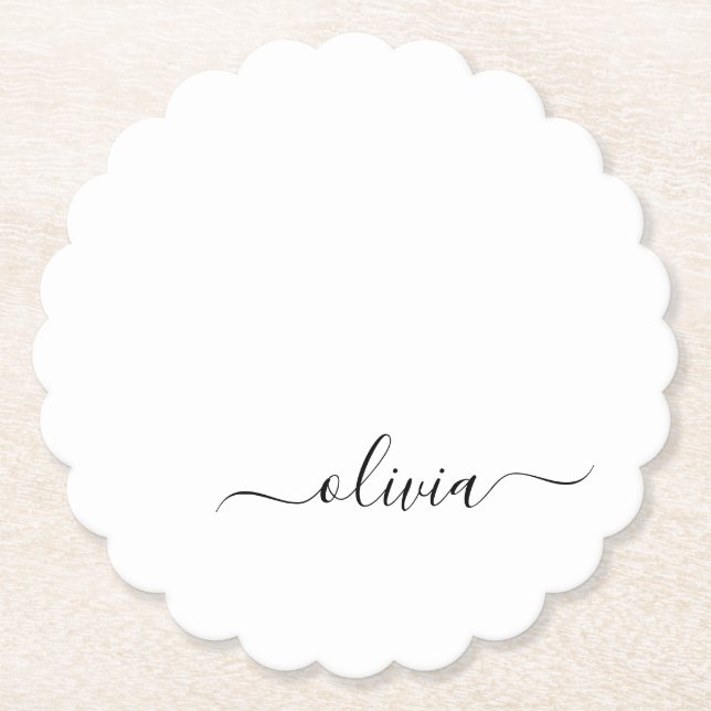 Posavasos De Papel Black White Modern Script Girly Monograma Nombre (Anverso)