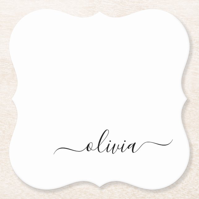 Posavasos De Papel Black White Modern Script Girly Monograma Nombre (Anverso)