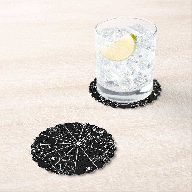 Posavasos De Papel Black White Spider Web Pattern Spooky Gothic (In situ)