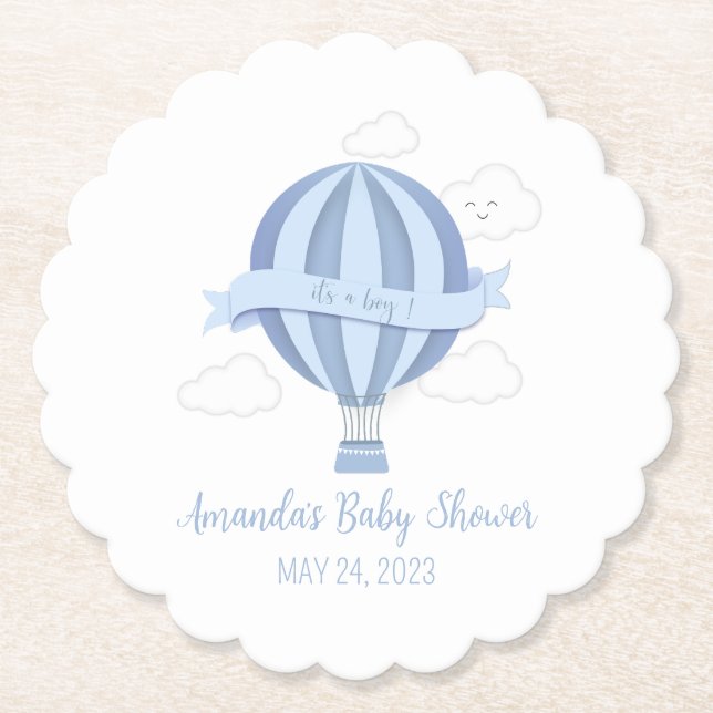 Posavasos De Papel Blue Air Balloon Boy Baby Shower (Anverso)