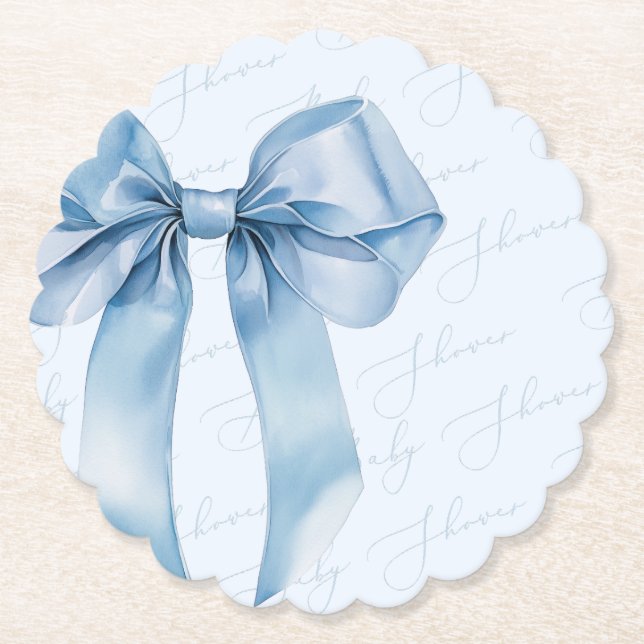 Posavasos De Papel Blue Bow Elegant calligraphy Boy Baby Shower (Anverso)