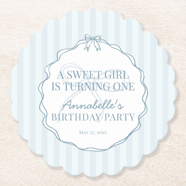 Posavasos De Papel Blue Coquette Bow Pastel Cumpleaños Party (Anverso)