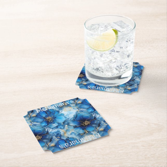 Posavasos De Papel Blue Floral Custom paper coasters (In situ)