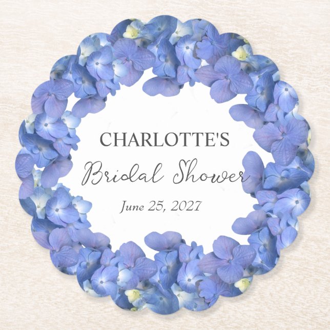 Posavasos De Papel Blue Hydrangea Blooms Personalized Bridal Shower (Anverso)