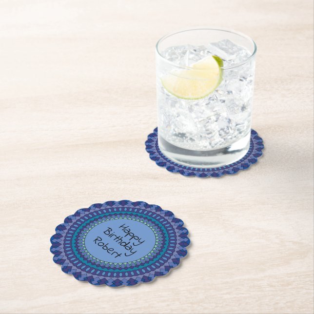 Posavasos De Papel Blue Mandala Cumpleaños fiesta Añadir nombre (In situ)