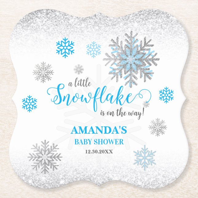 Posavasos De Papel Blue Silver Glittery Snowflake Winter Baby Shower  (Anverso)