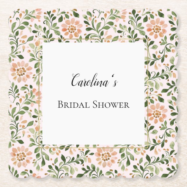 Posavasos De Papel Blush Peach Flowers Green Leaves Bridal Shower   (Anverso)