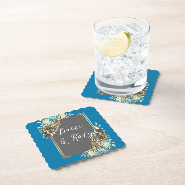 Posavasos De Papel Boda amarillo pálido y gris turquesa floral (In situ)