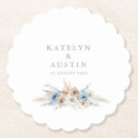 Posavasos De Papel boda azul polvoriento de pampas bohemias<br><div class="desc">acuarela pampas bohemias y flores polvorientas azules. Personalice los detalles y colores del texto.</div>